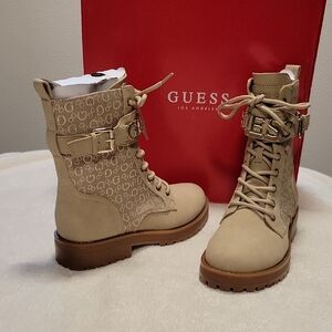 GUESS Avarry Logo Utiluty Women's Tan Lace-Up Boots, Faux Leather, NIB